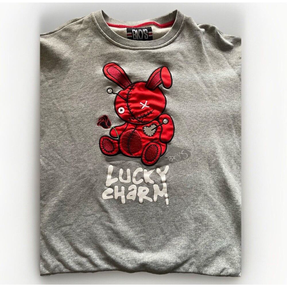BKYS Lucky Charm Embroidered Bunny L Grey Sweatshirt Streetwear Pullover #CT-A
